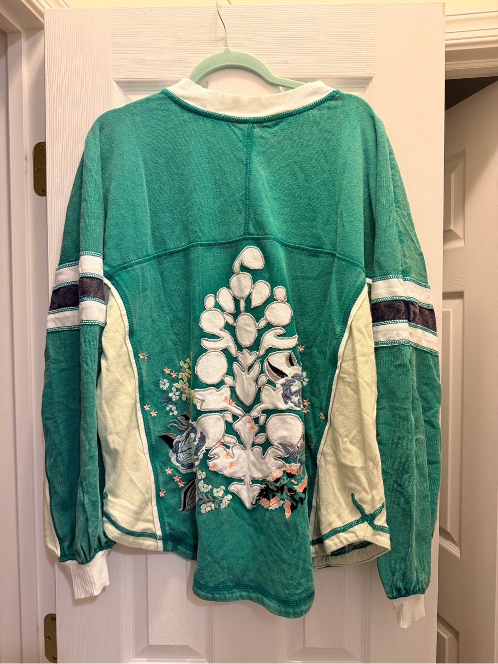 FP Movement by Free People Teal & Cream Embroidered Pullover